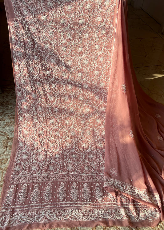 Taupe Brown fine Chikankari and Pearl Embroidered Kurta and Dupatta