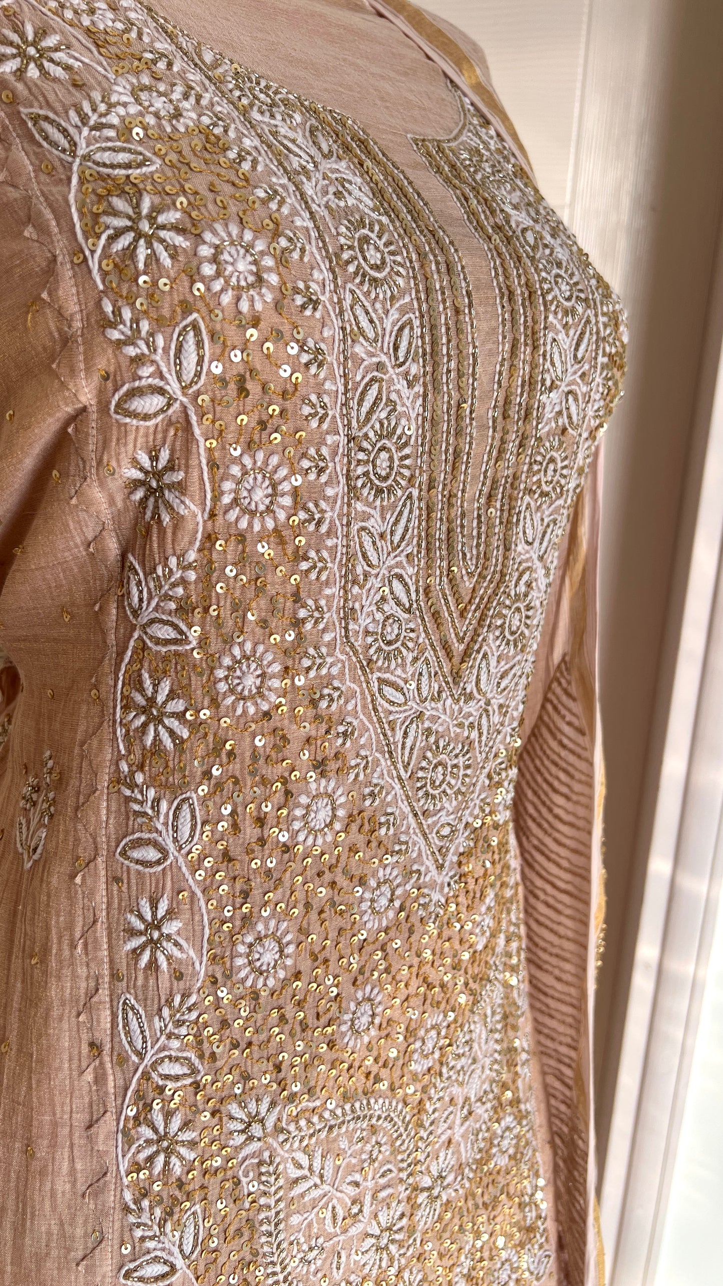 Tissue Silk Chikankari golden cut dana sequins kurta and dupatta