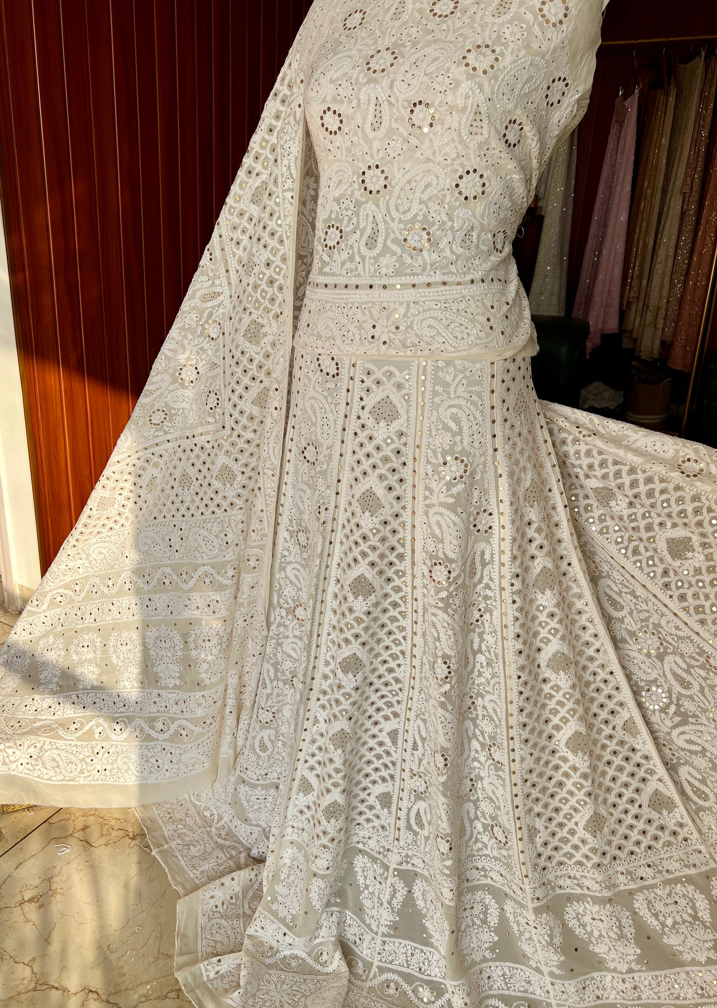 Ruhani fine Chikankari and Mukaish Lehenga Set