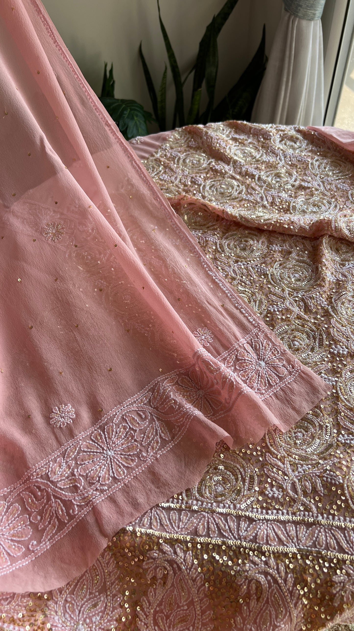 Ruhani Blush peach Chikankari golden cut dana sequins kurta and dupatta