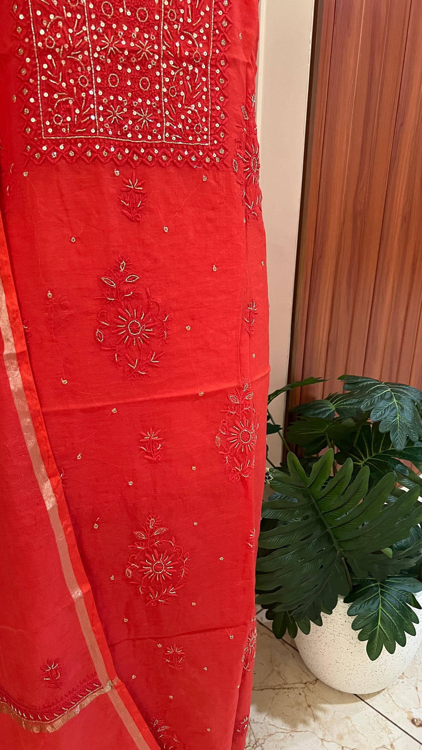 Mul Chanderi Chikankari Kurta and Dupatta Set