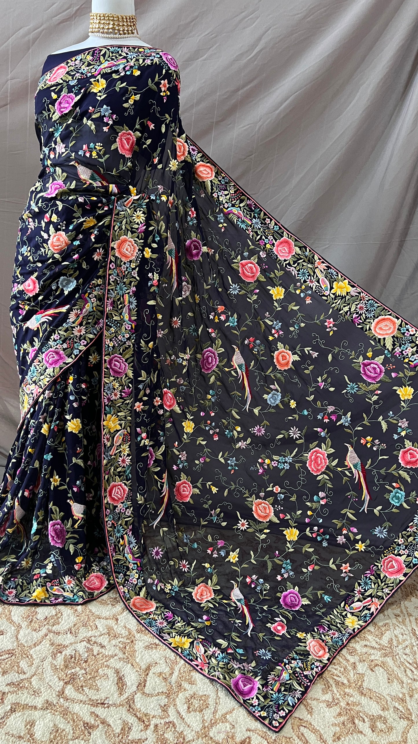 Midnight Blue Masterpiece Parsi Gara Pure Georgette Saree