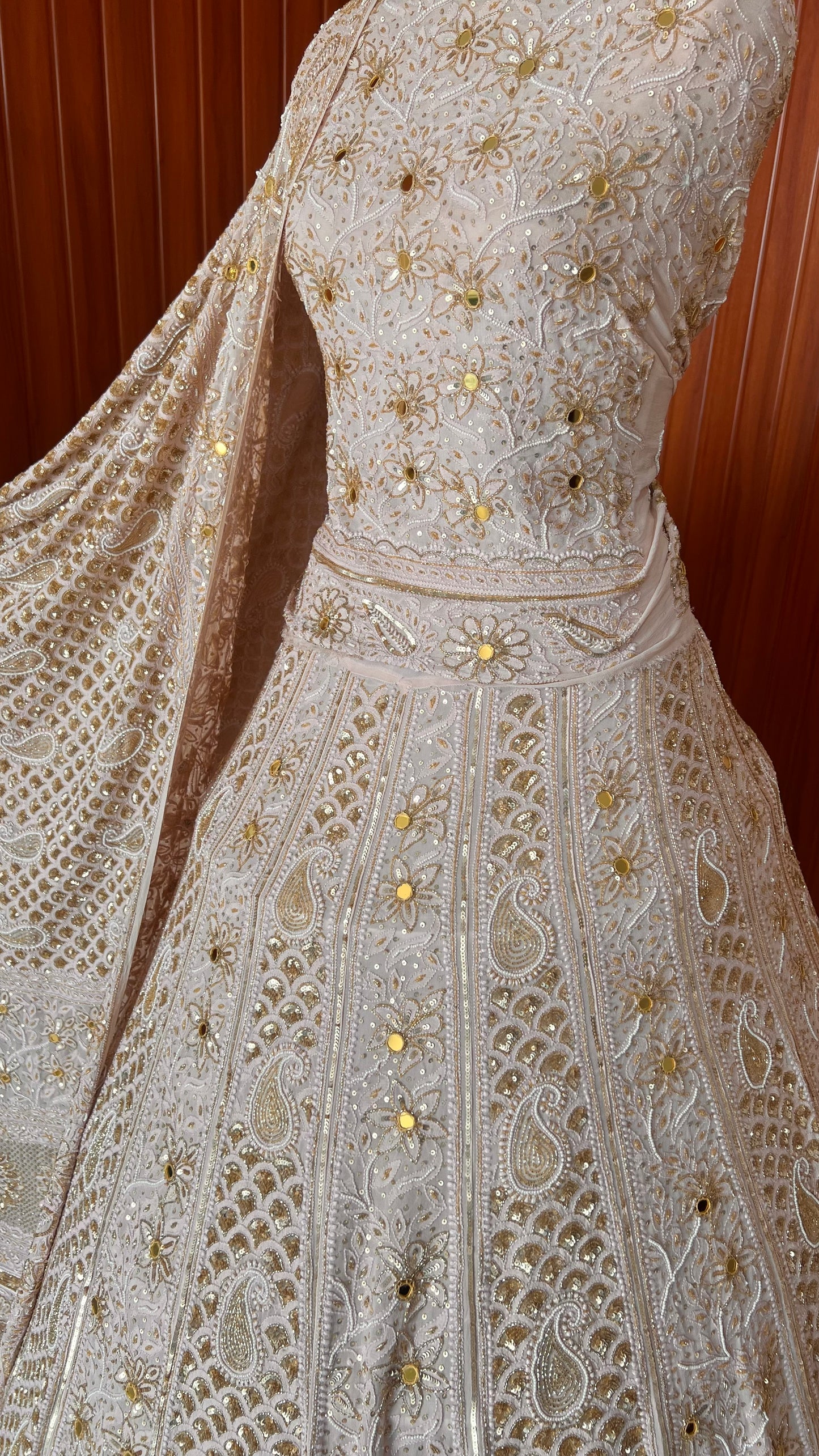 Masterpiece Ruhani Chikankari Sequins Cut Dana Pearl Wedding Lehenga