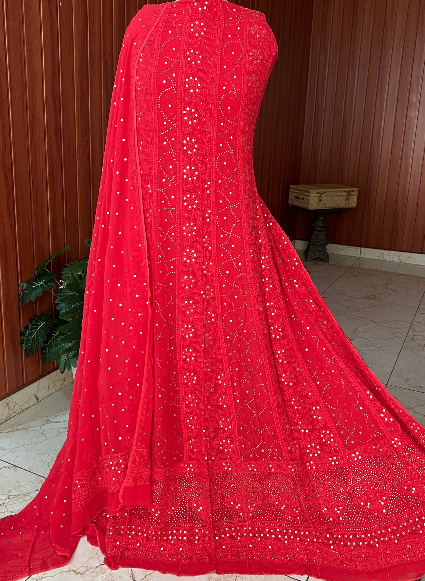 Red allover Chikankari and mukaish anarkali with dupatta
