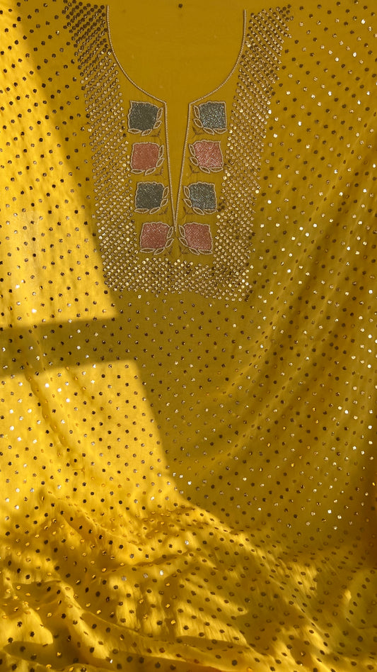 Yellow mukaish and Cut Dana Kurta and Dupatta
