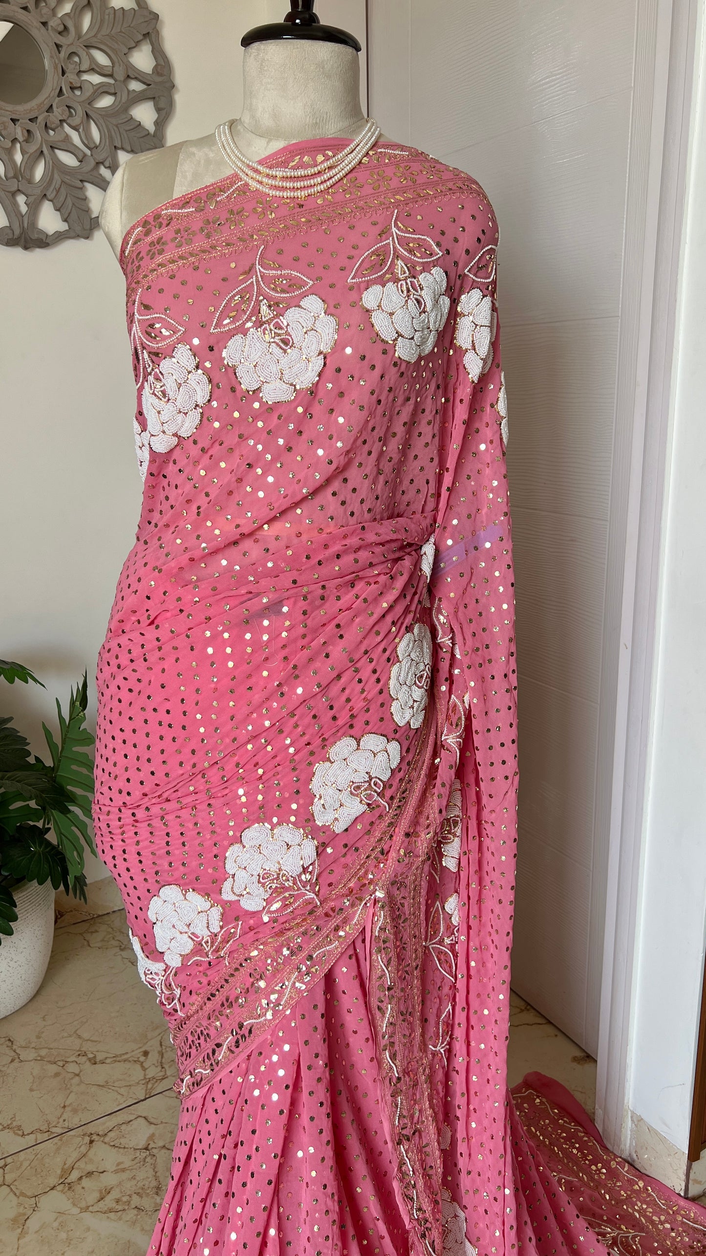 Rose Pink Ruhani Allover Heavy Badla Pearl Mukaish and Aari Embroidered Saree