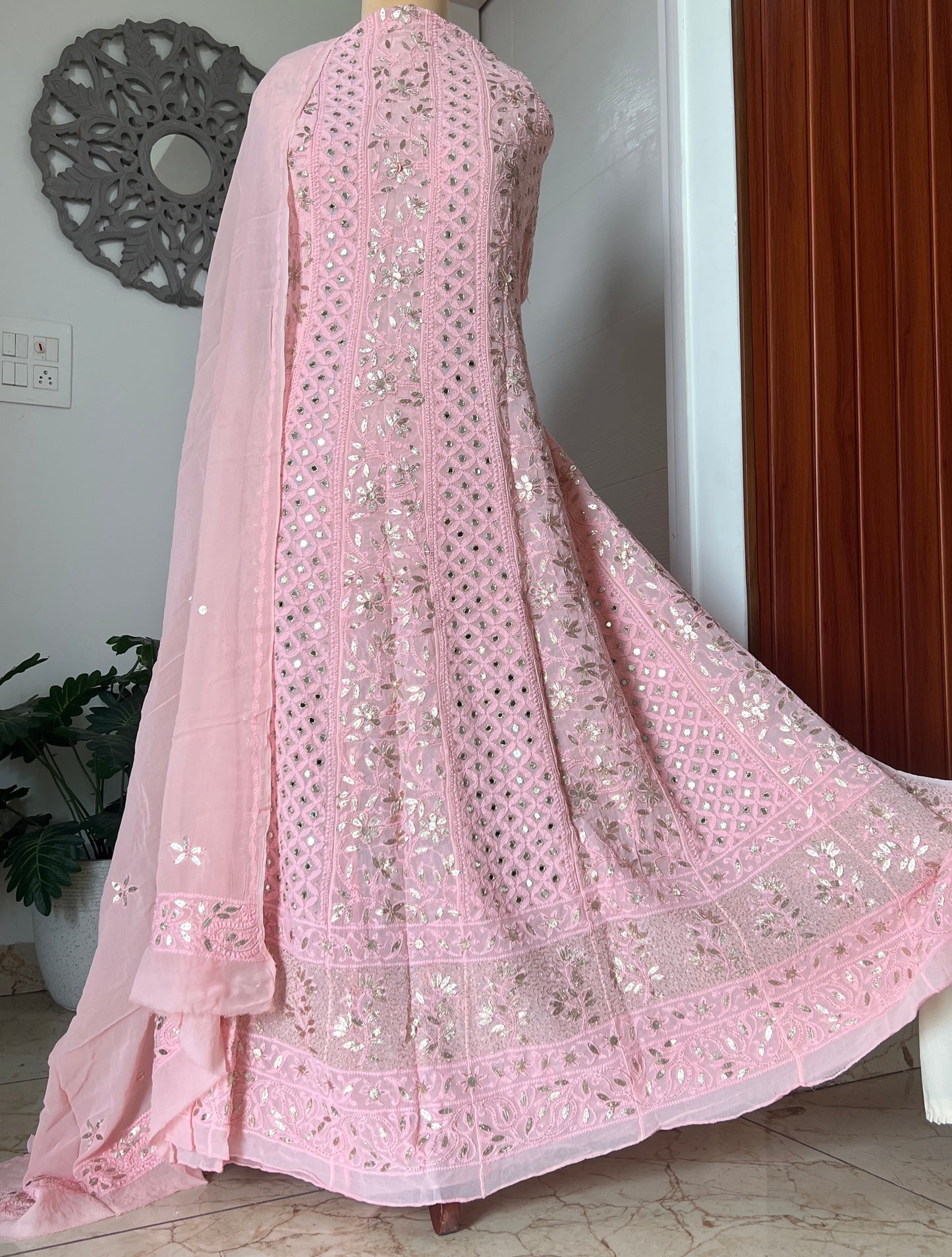 Peachy Chikankari Mirror Gota Patti Anarkali with Dupatta