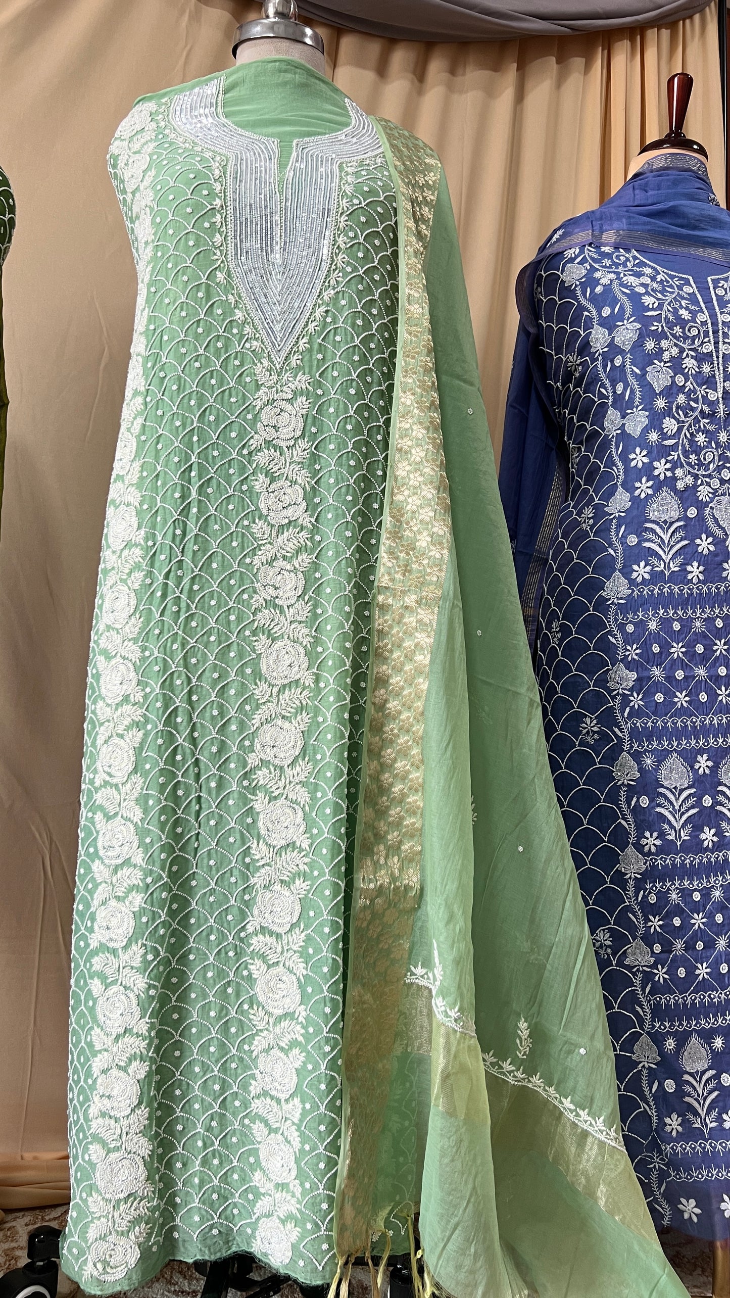 Pista green Mul Chanderi Kurta and Dupatta