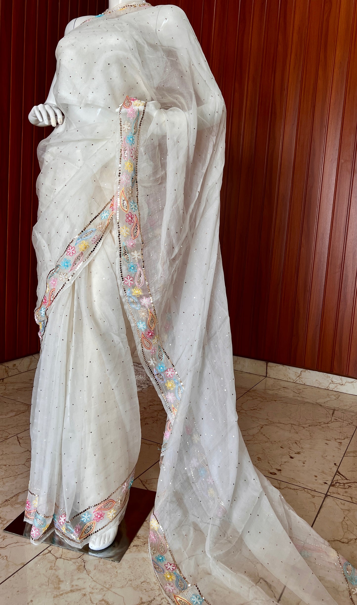 Ruhani Ivory Pure Organza Saree with Allover Mukaish and multicolored border