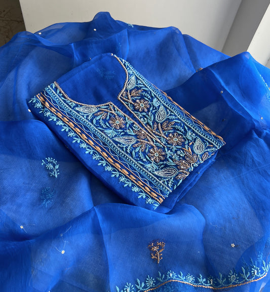 Royal Blue Chikankari pearl sequins pure Organza kurta with dupatta