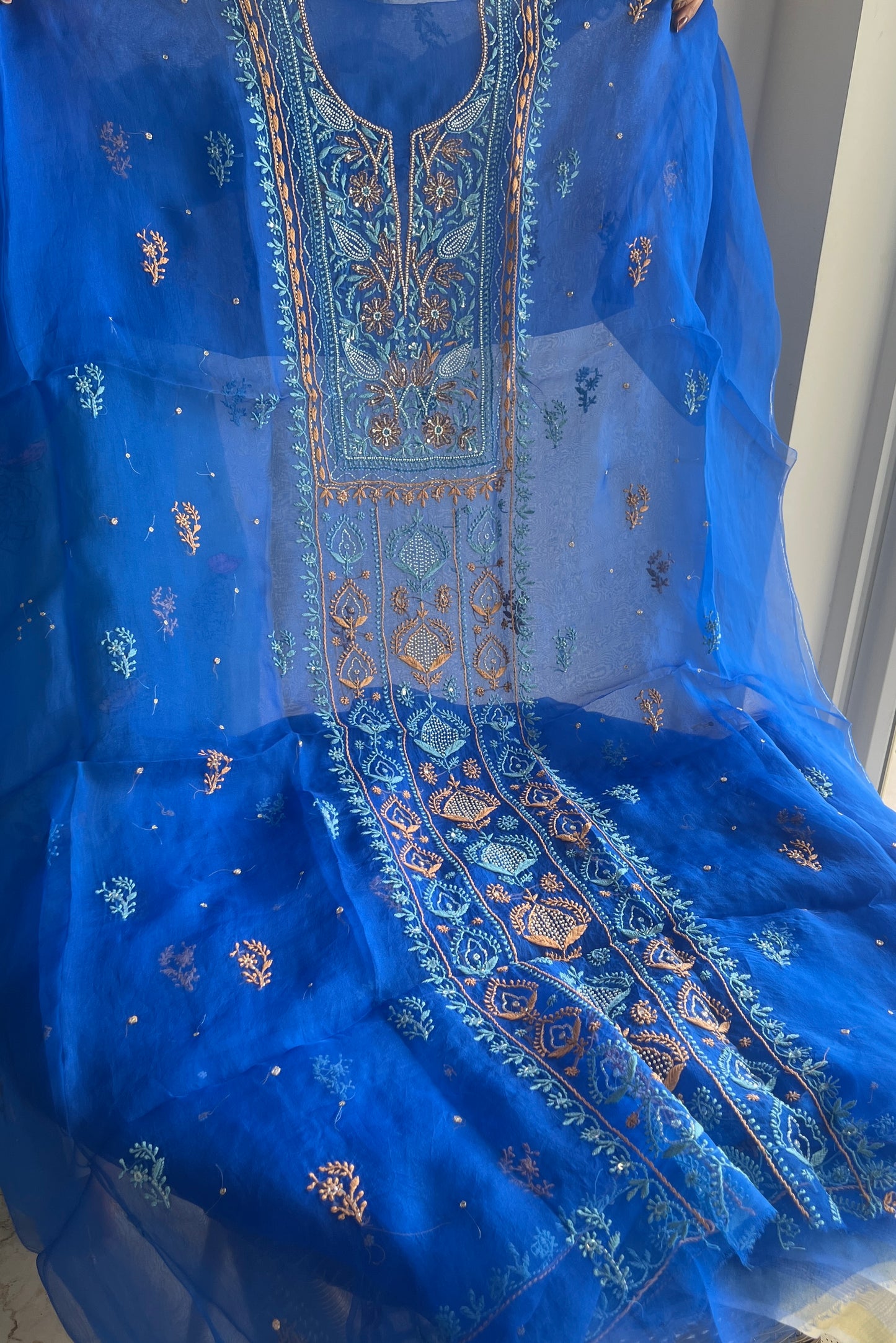Royal Blue Chikankari pearl sequins pure Organza kurta with dupatta