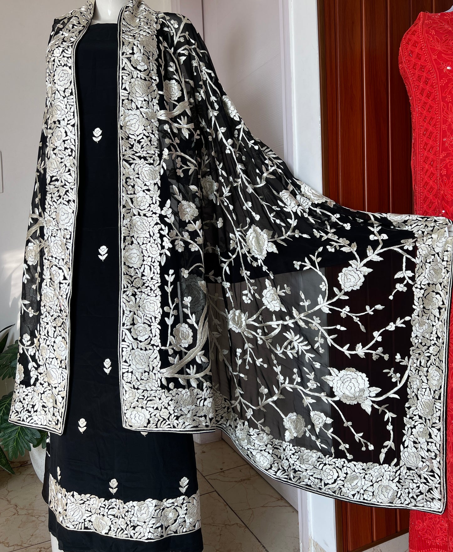 Black Masterpiece Hand Embroidered Parsi Gara jaal dupatta with kurta
