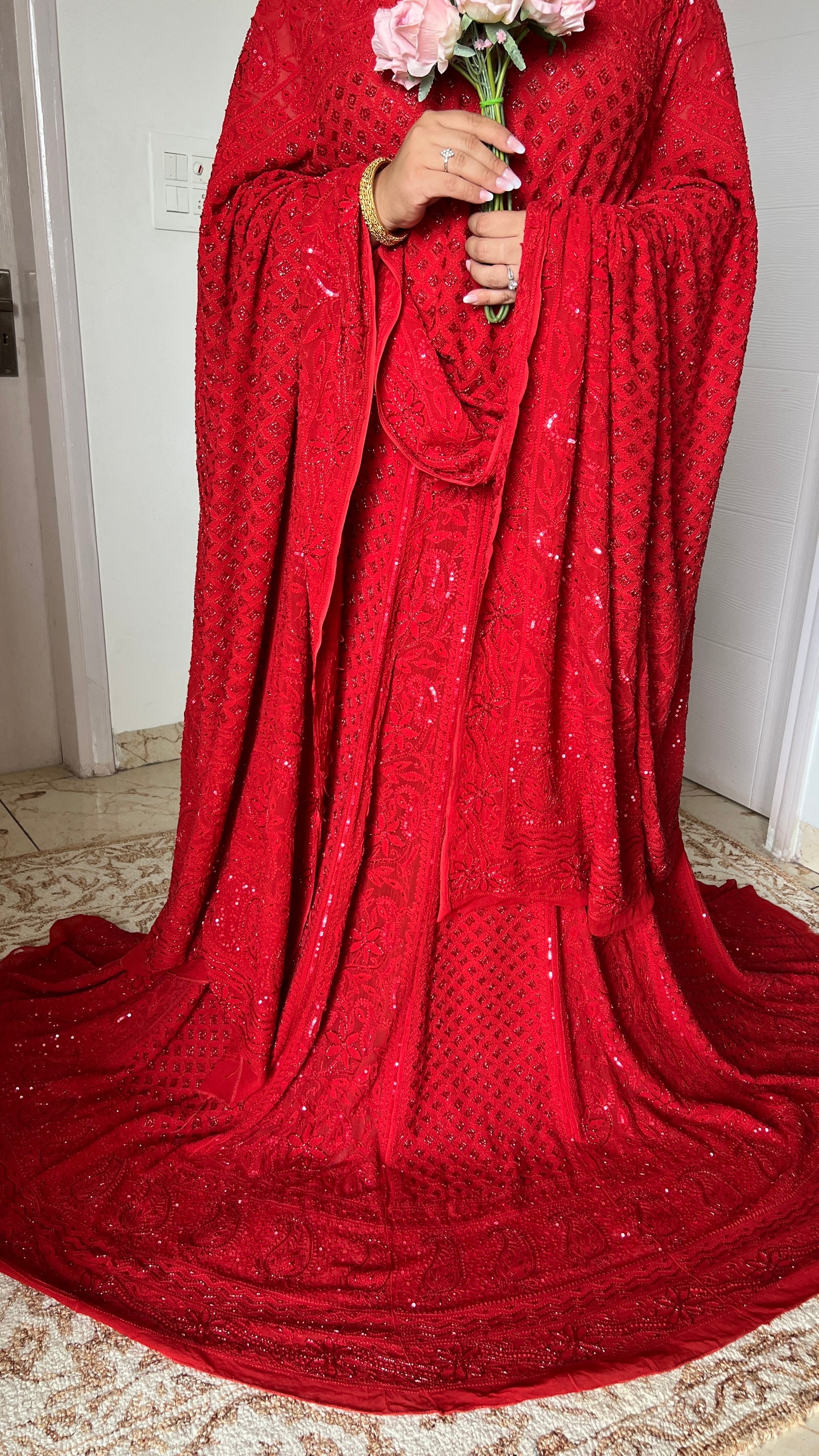 Ruhani Surkh Laal Chikankari Cut Dana Sequins Wedding Lehenga