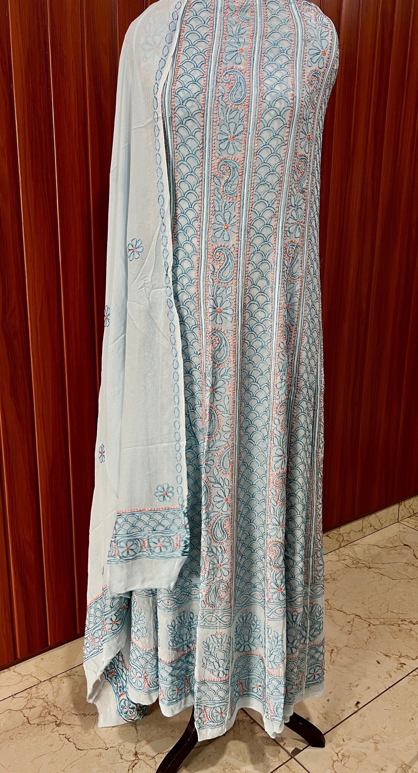Sky Blue Resham Chikankari Embroidered Anarkali with Dupatta