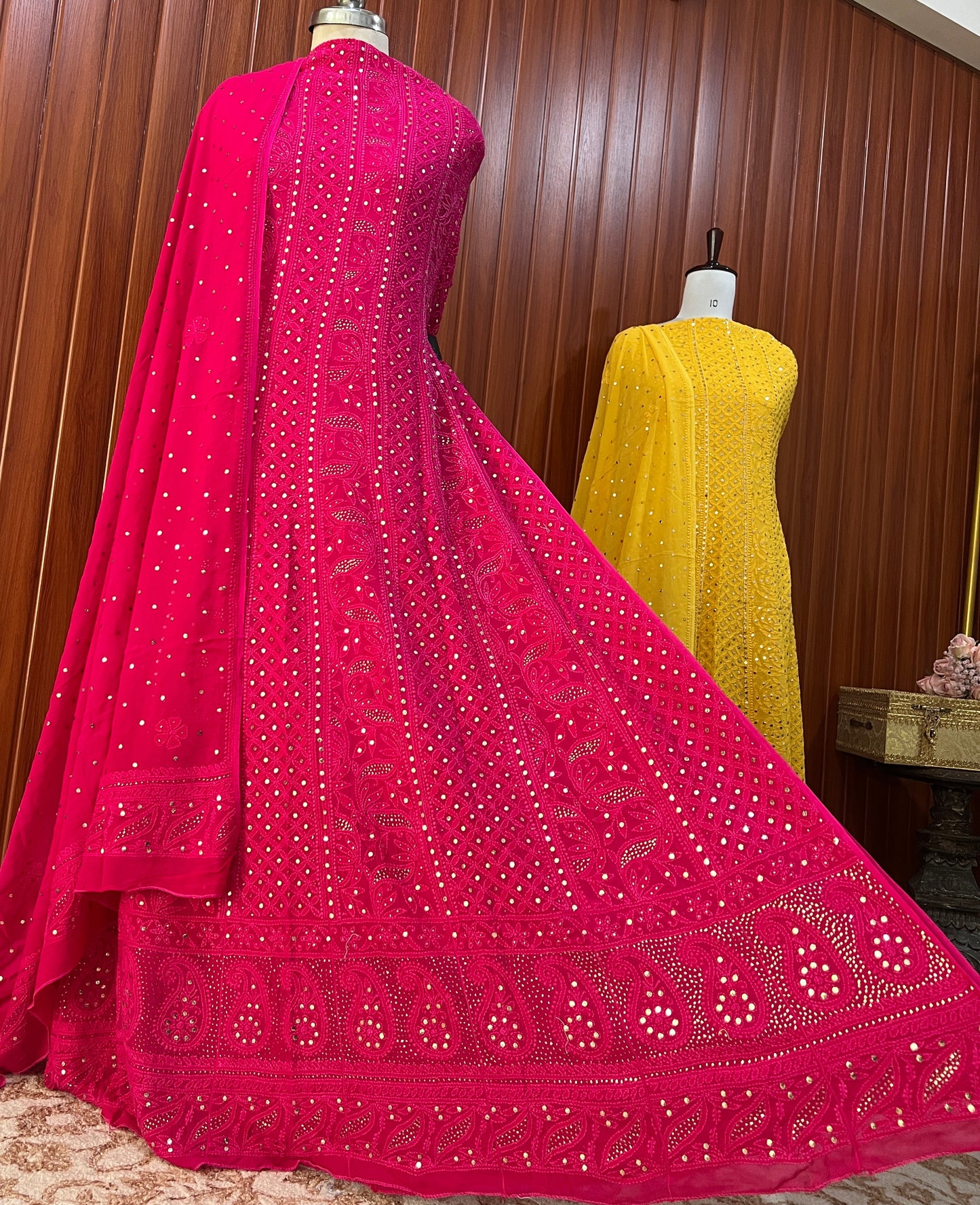 Hot Pink allover Chikankari and mukaish anarkali with dupatta