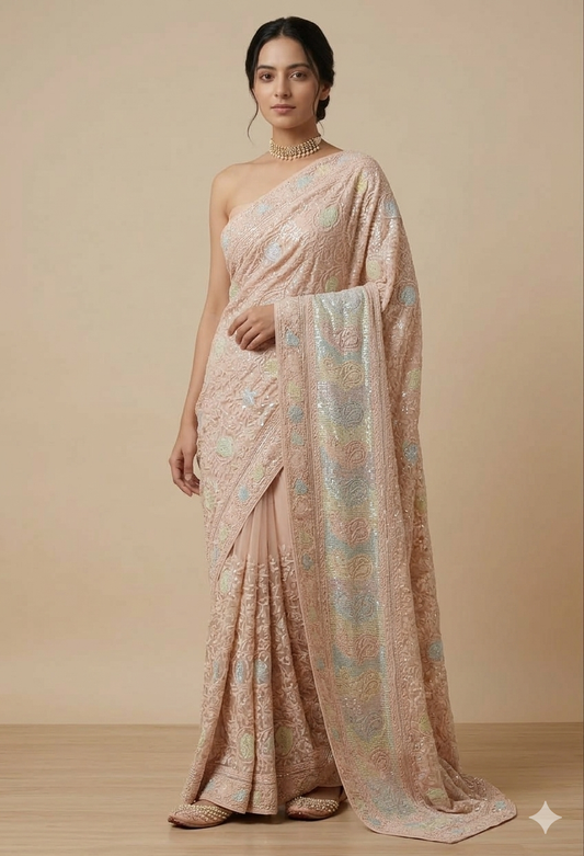 Ruhani Dusty peach Chikankari Multi Cut Dana and Sequins Saree