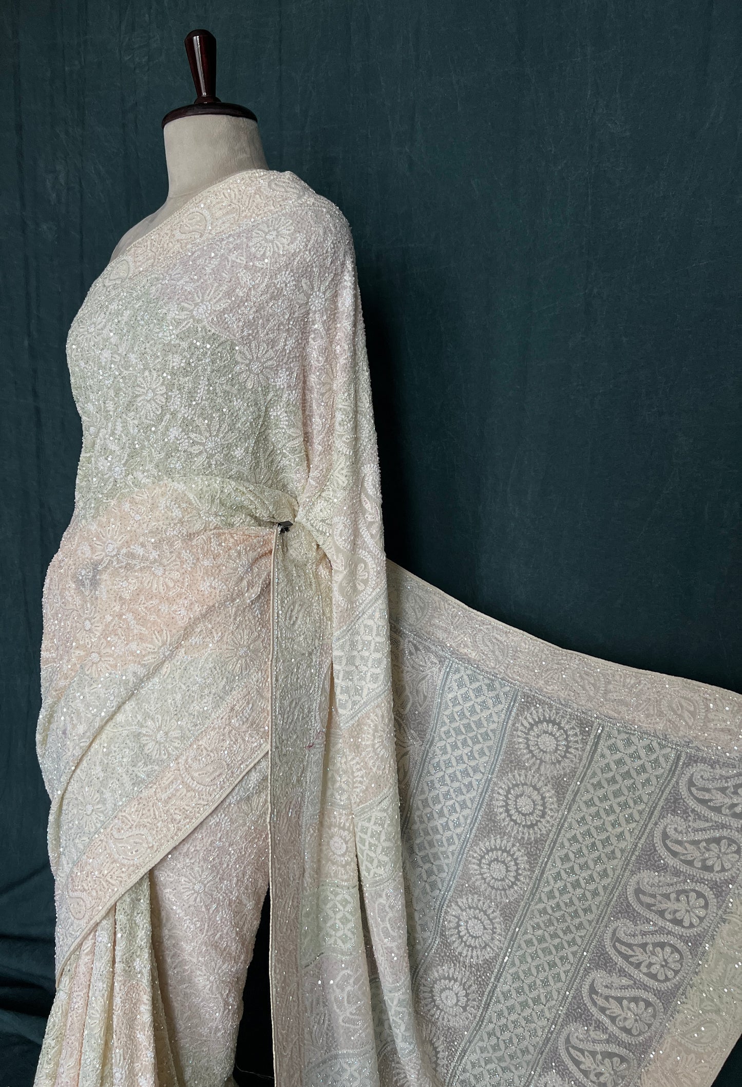 Ruhani Cream Chikankari Multi Cut Dana and Sequins Saree