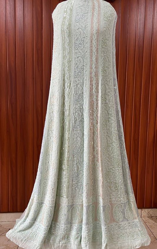 Mint green Chikankari Cut Dana Sequins Anarkali with Dupatta