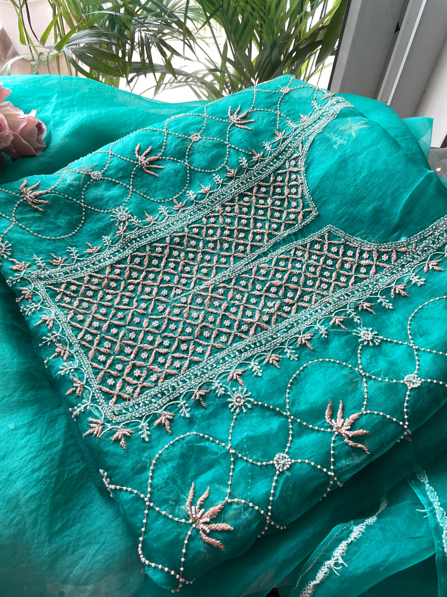 Turquoise green Chikankari pearl cut Dana pure Organza kurta with dupatta