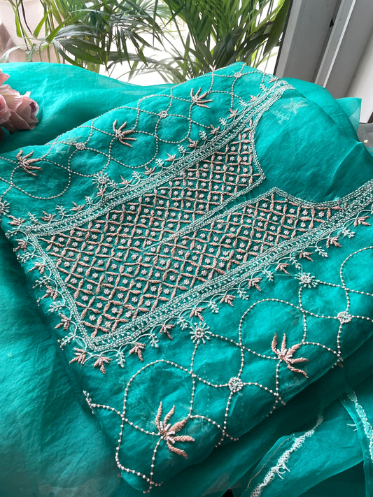 Turquoise green Chikankari pearl cut Dana pure Organza kurta with dupatta