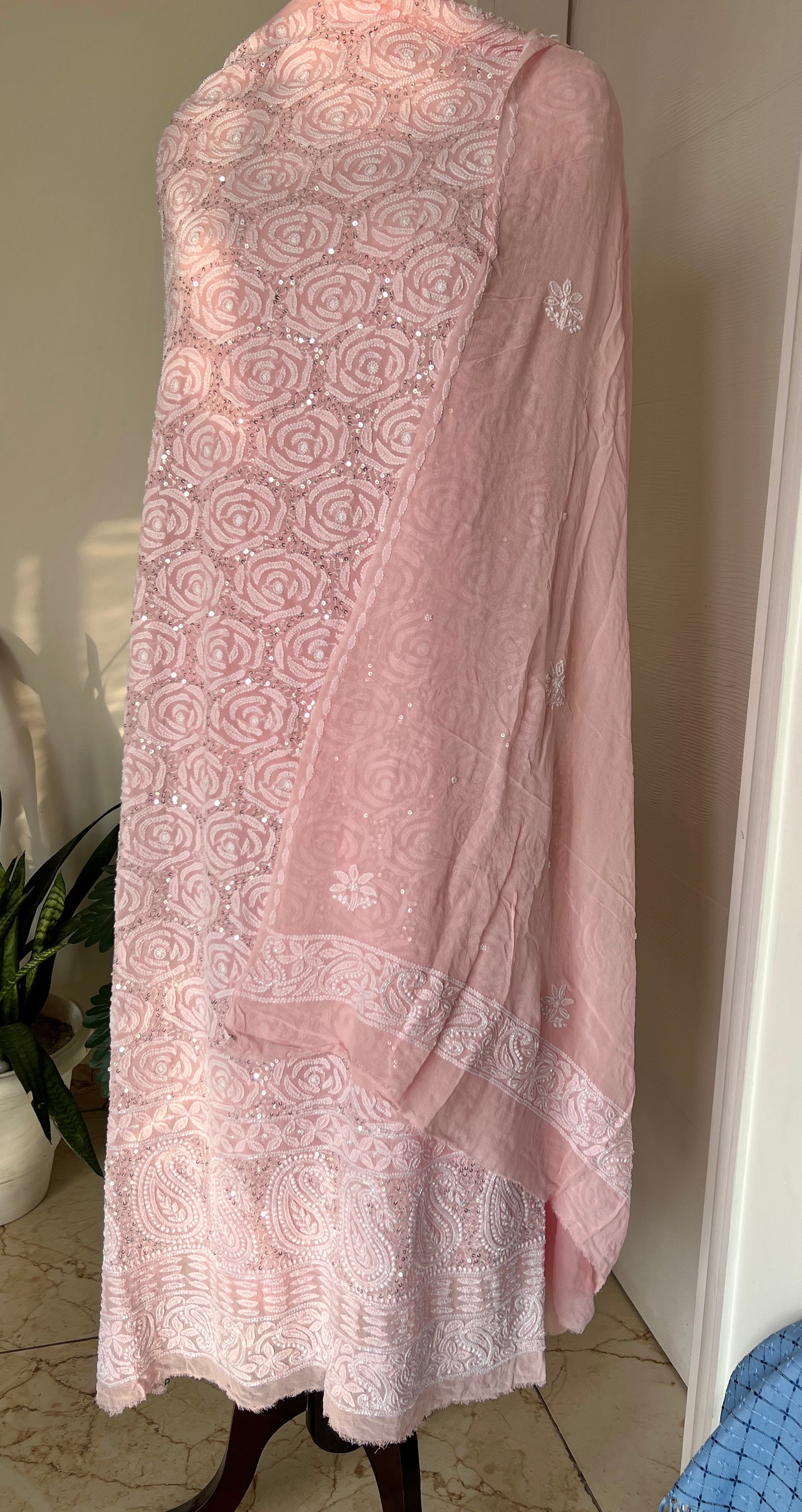 Blush pink fine Chikankari Pearl and sequins Embroidered Kurta and Dupatta