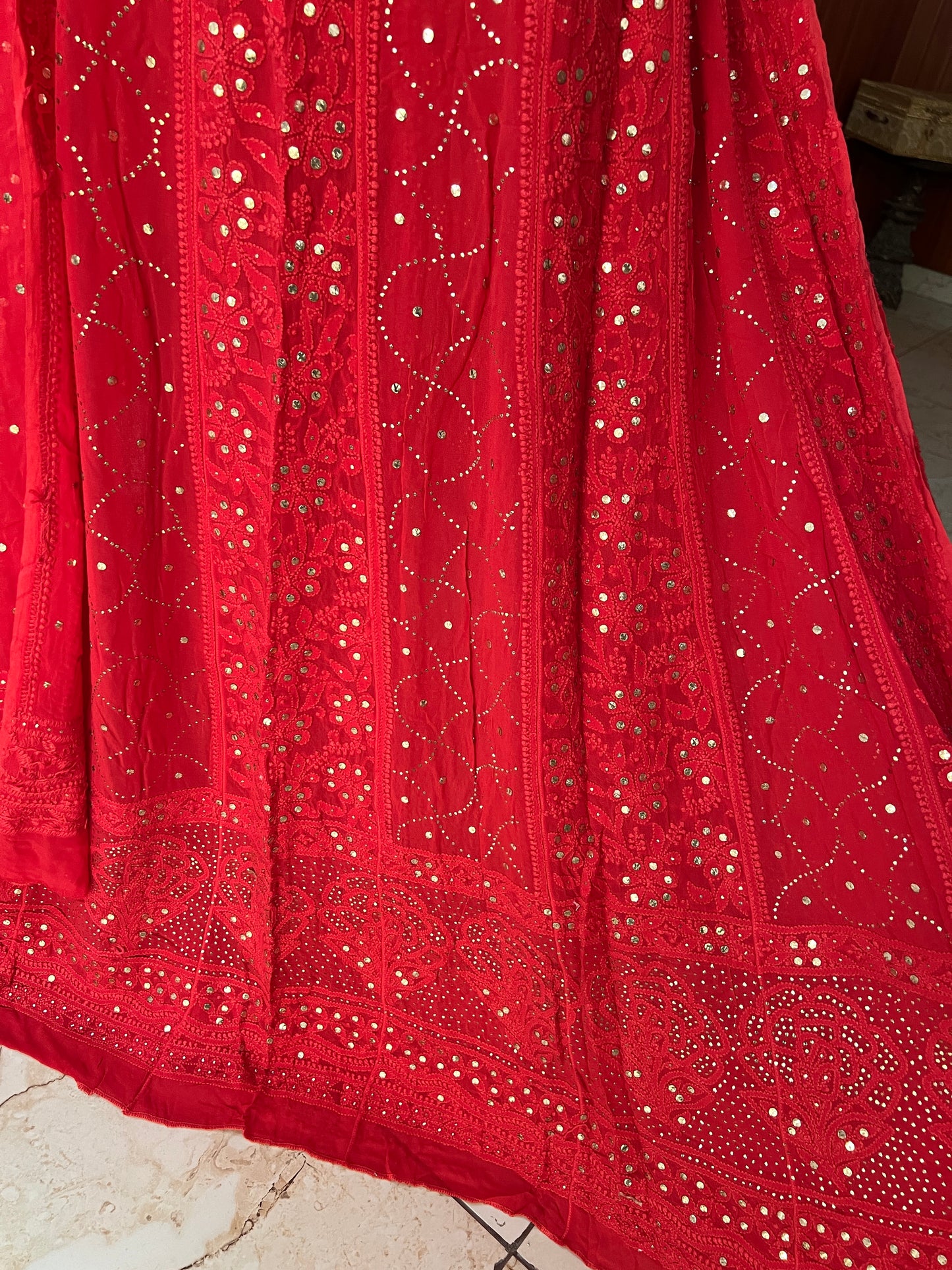 Red allover Chikankari and mukaish anarkali with dupatta