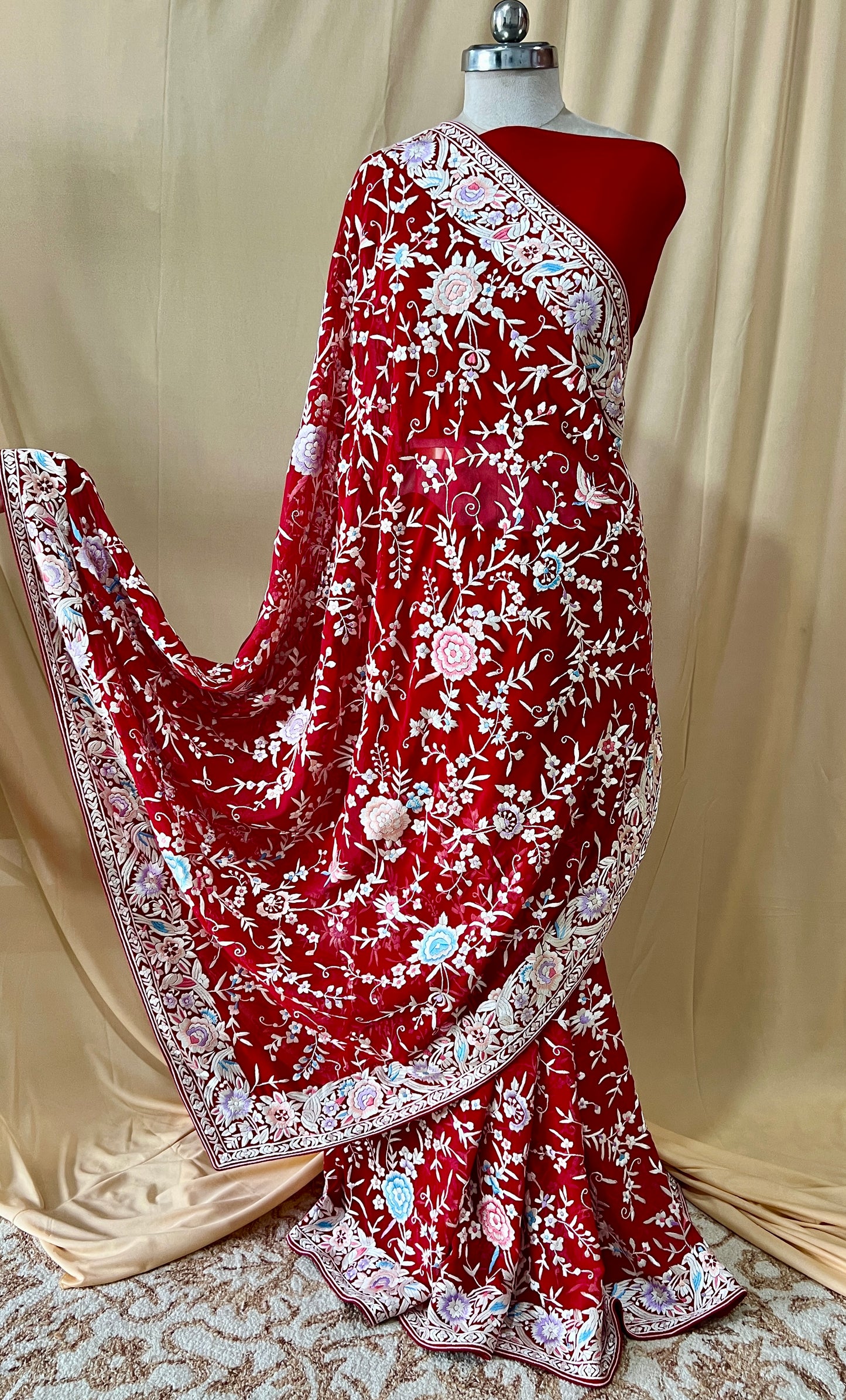 Red Masterpiece Parsi Gara Pure Georgette Saree