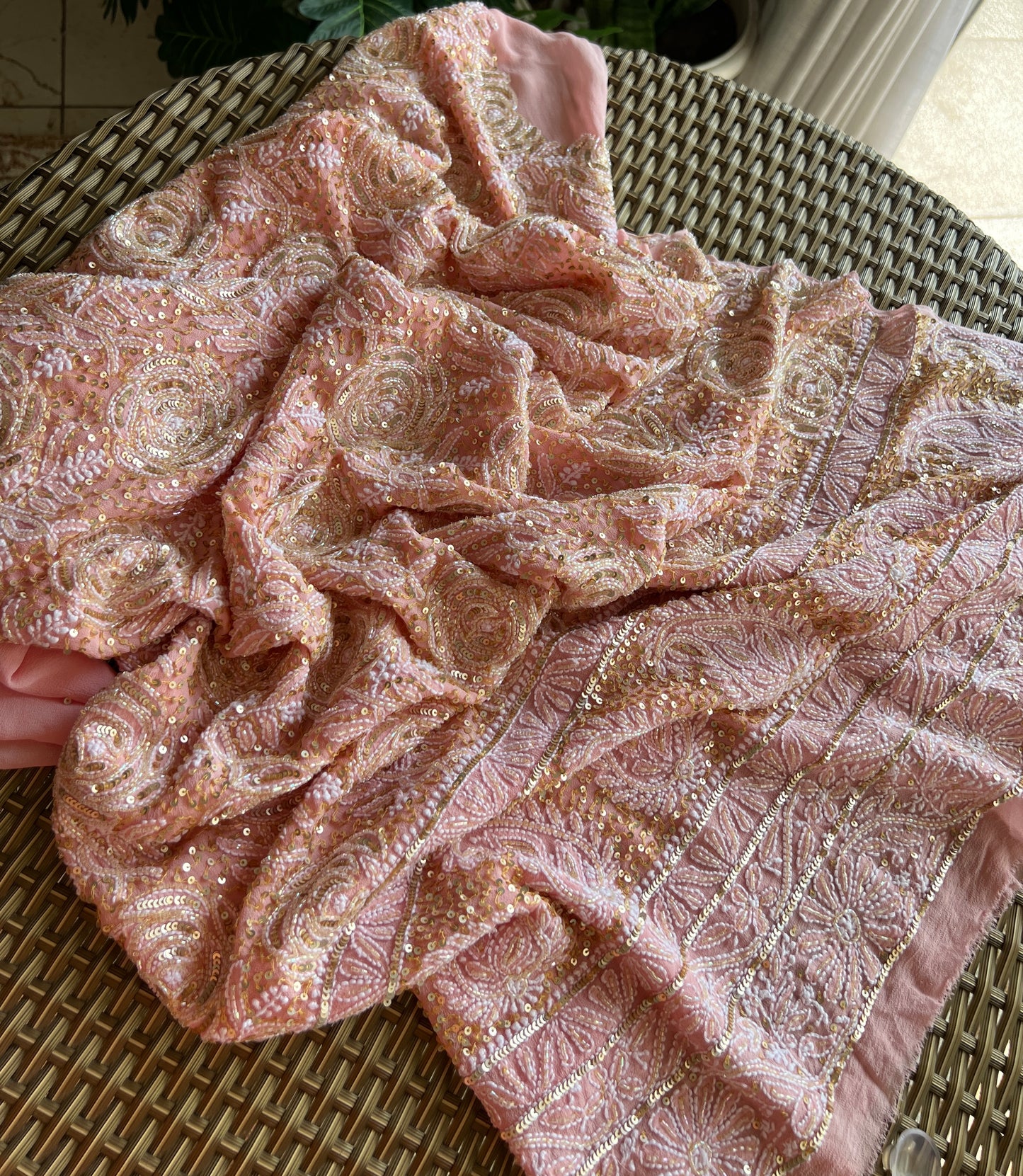 Ruhani Blush peach Chikankari golden cut dana sequins kurta and dupatta