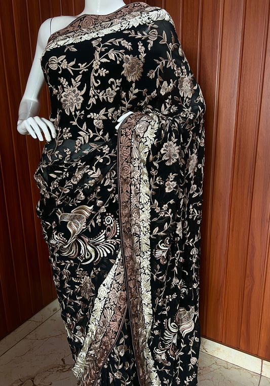 Black Masterpiece Parsi Gara Pure Georgette Saree