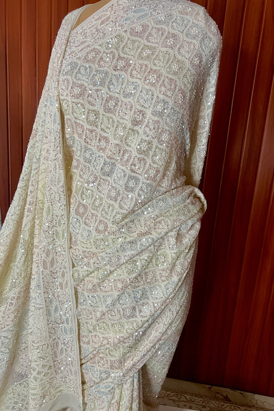 Ruhani Butter Cream Chikankari multicolored Cut Dana and Sequins Saree