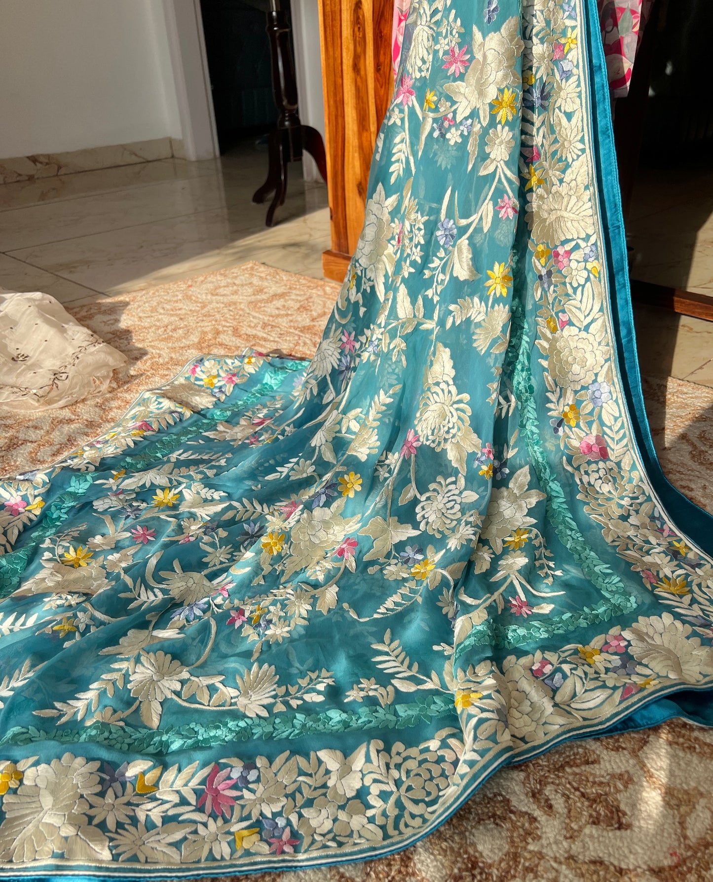 Firozi masterpiece Parsi Gara Dupatta Hand Embroidered