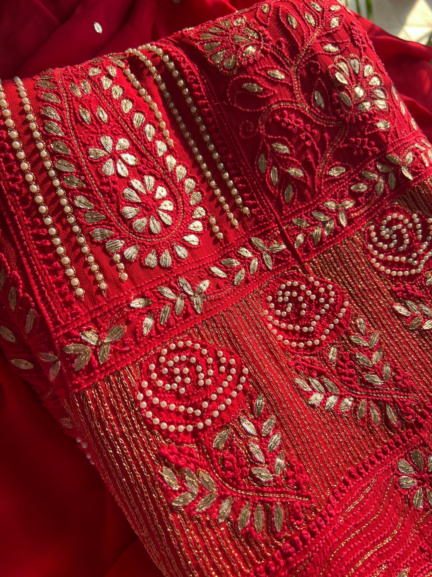 Red Chikankari pearl and Gota Patti Anarkali