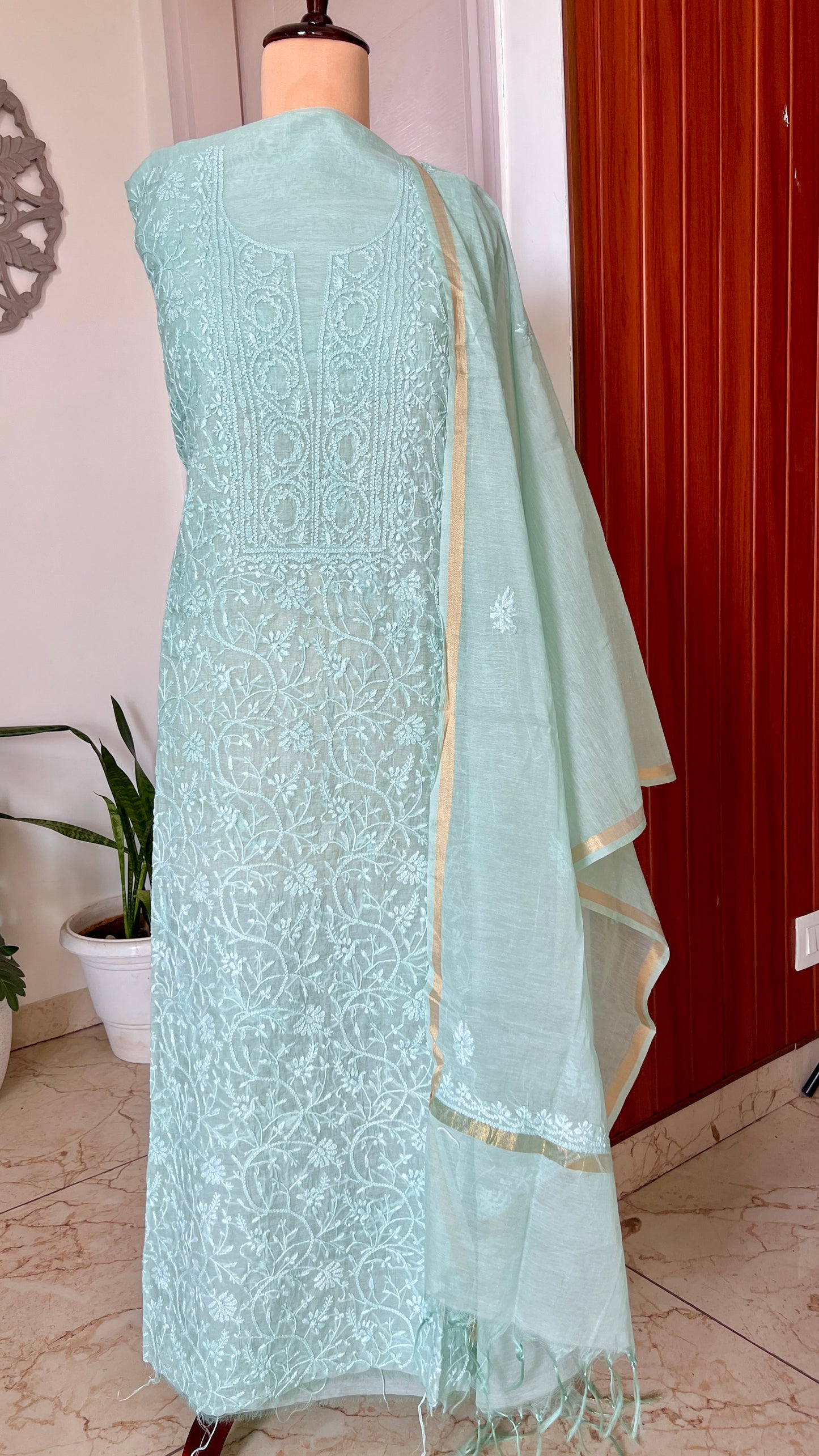 Sage green Mul chanderi Chikankari embroidered kurta and dupatta
