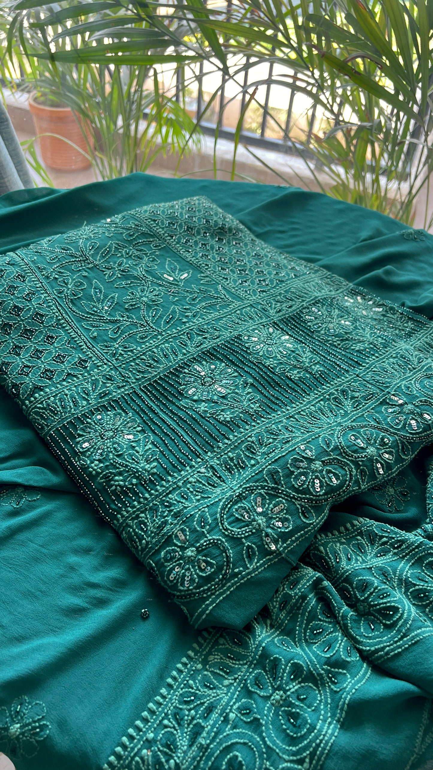 Bottle Green Chikankari Cut Dana and sequins Anarkali with Dupatta