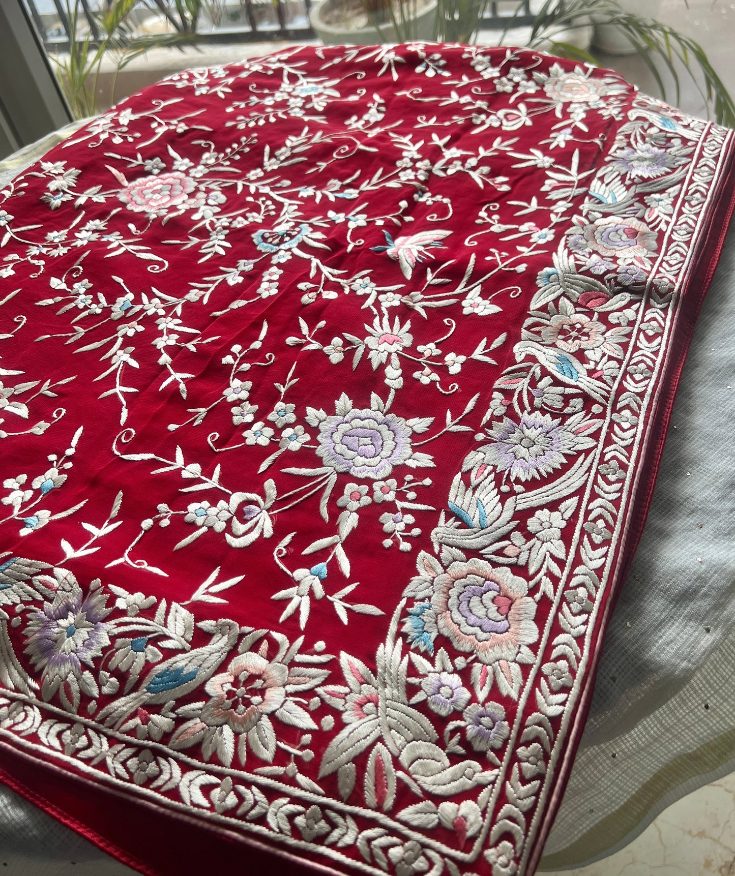 Red Masterpiece Parsi Gara Pure Georgette Saree