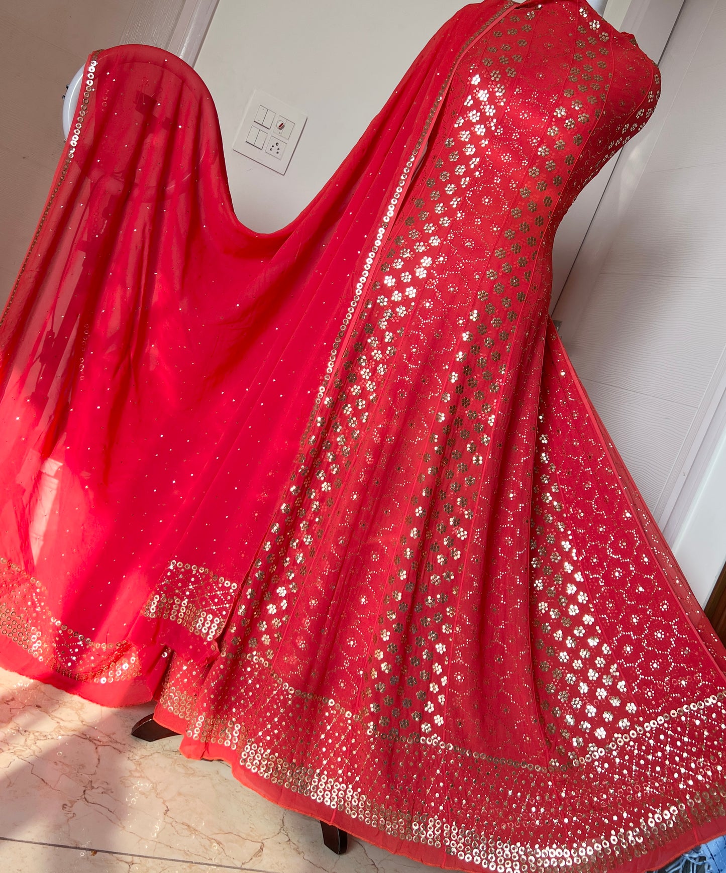 Red heavy designer Mukaish Georgette Anarkali with Dupatta