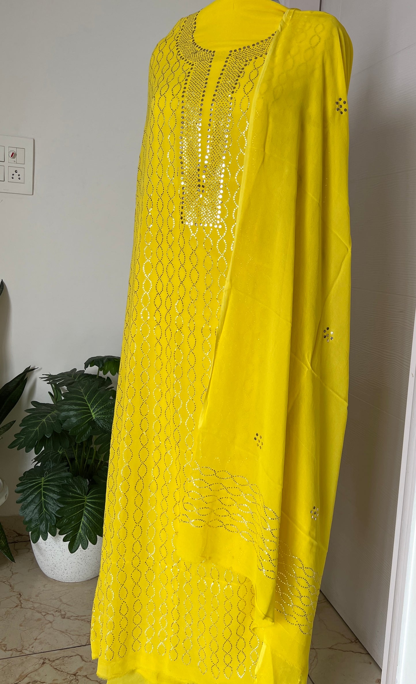 Lime yellow heavy Mukaish Work Kurta and Dupatta Set