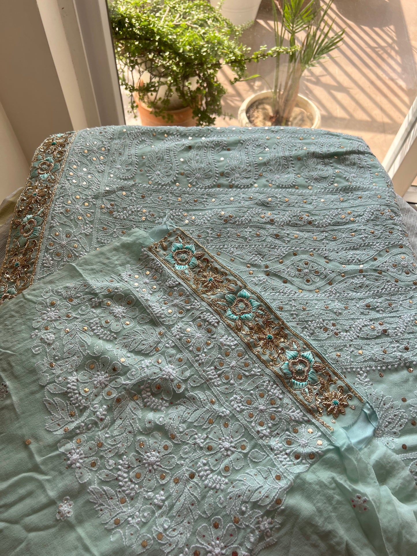 Ruhani Firozi Chikankari and Mukaish Saree with designer border