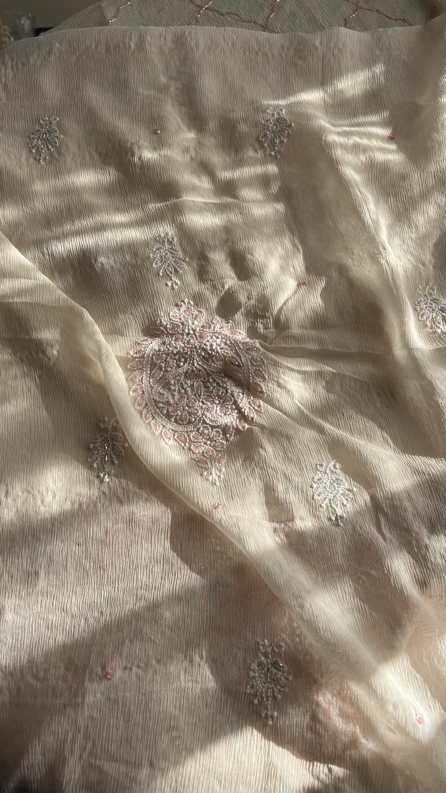 Cream pure chiffon Chikankari cut dana and sequins kurta and dupatta
