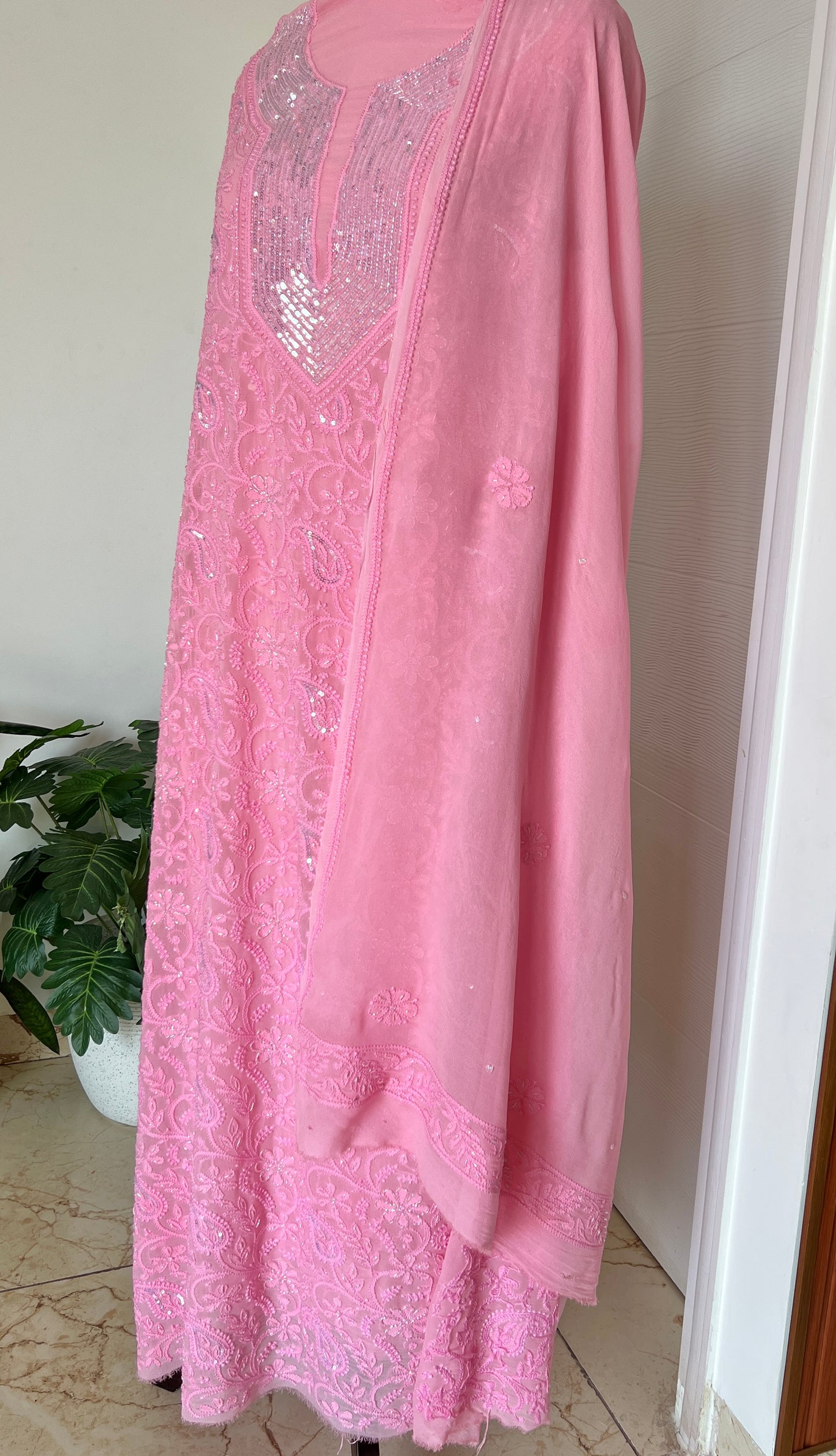 Pink Chikankari cut dana sequins work kurta and dupatta
