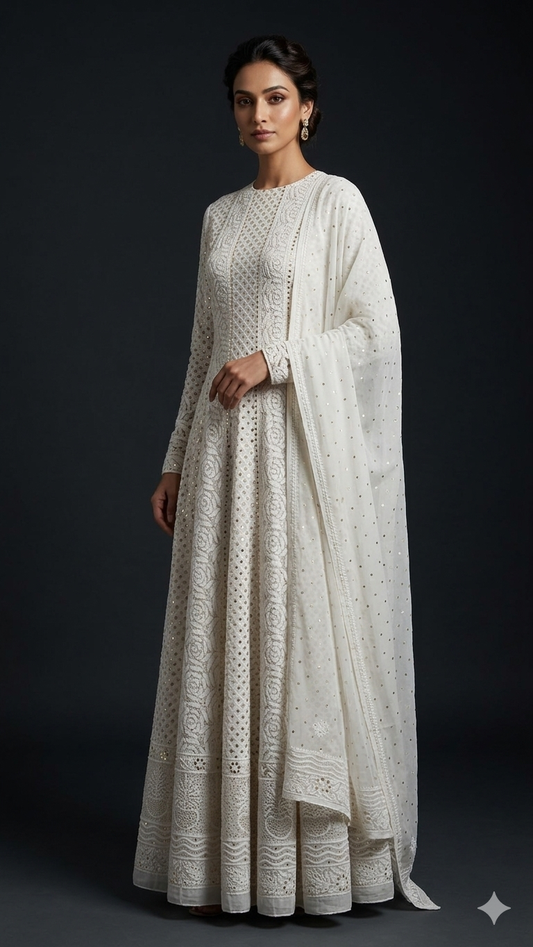 White allover Chikankari and mukaish anarkali with dupatta
