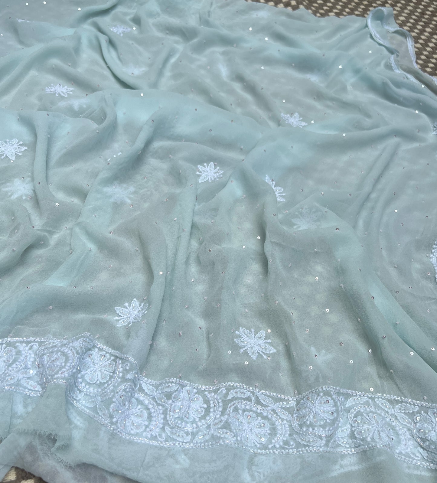 Ruhani Sky Blue with pink cut dana sequins kurta and dupatta