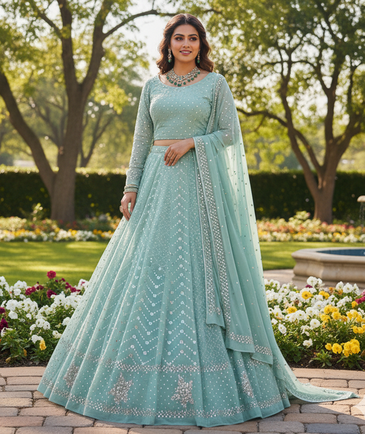 Ruhani Sage Green Allover Mukaish Lehenga Set