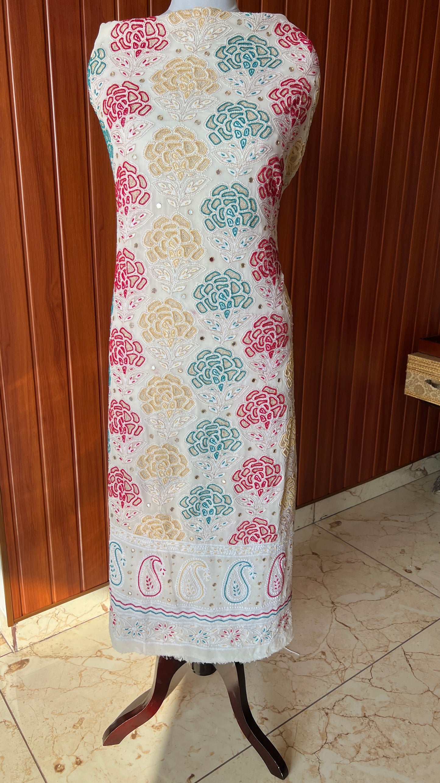 Ivory Chikankari and multicolored Pearl Embroidered Kurta and Dupatta