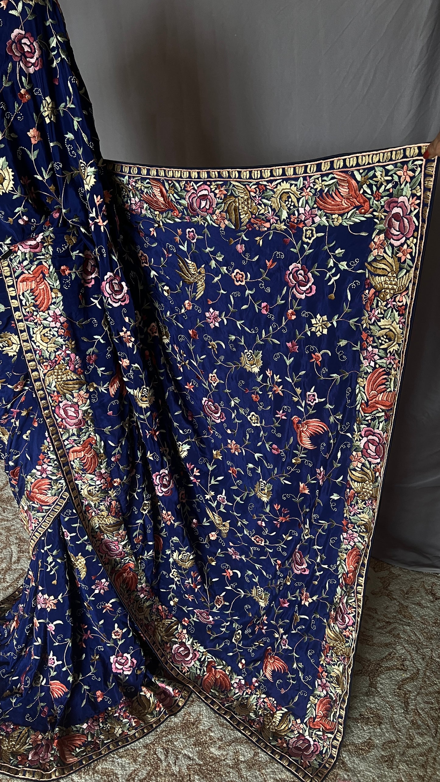 Navy Blue Masterpiece Parsi Gara Pure Crepe Saree