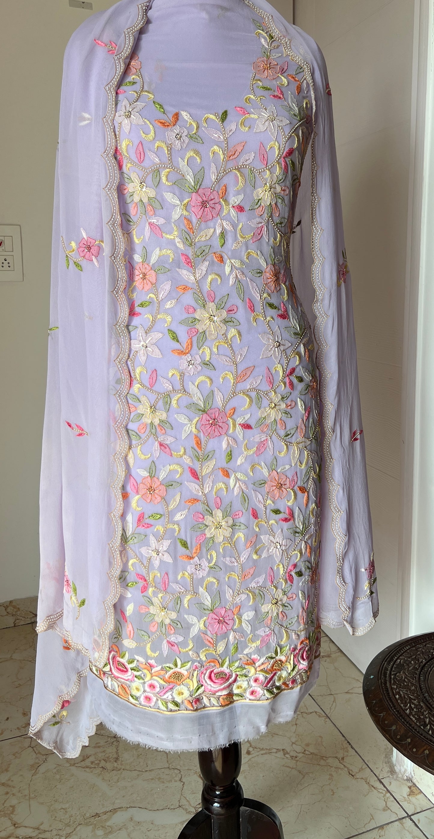 Lavender Resham Chikankari Parsi Gara and pearl work suit