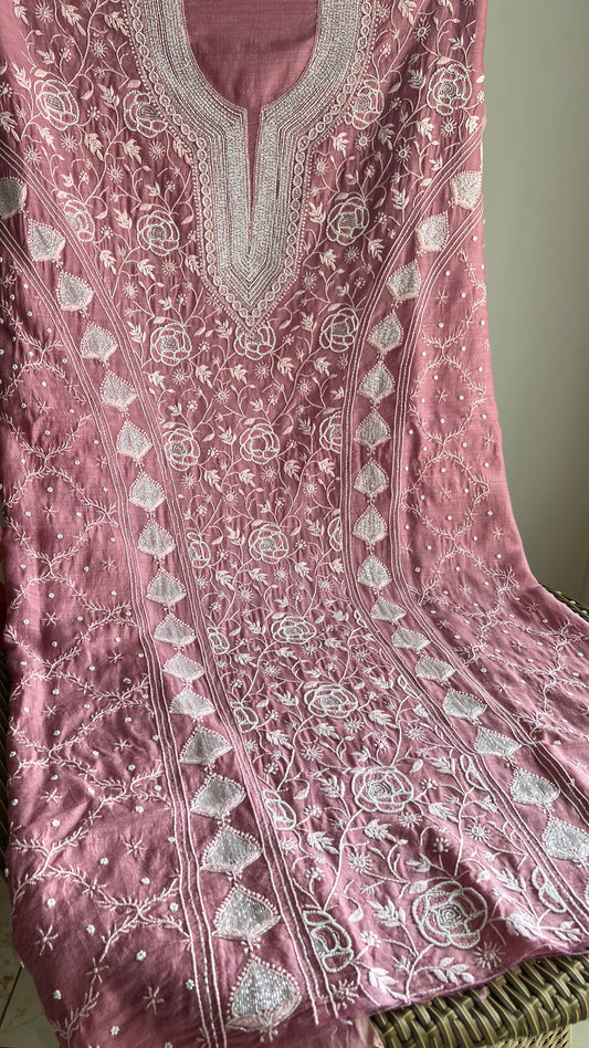 Moonga Silk Chikankari pearl and cut Dana work kurta and dupatta