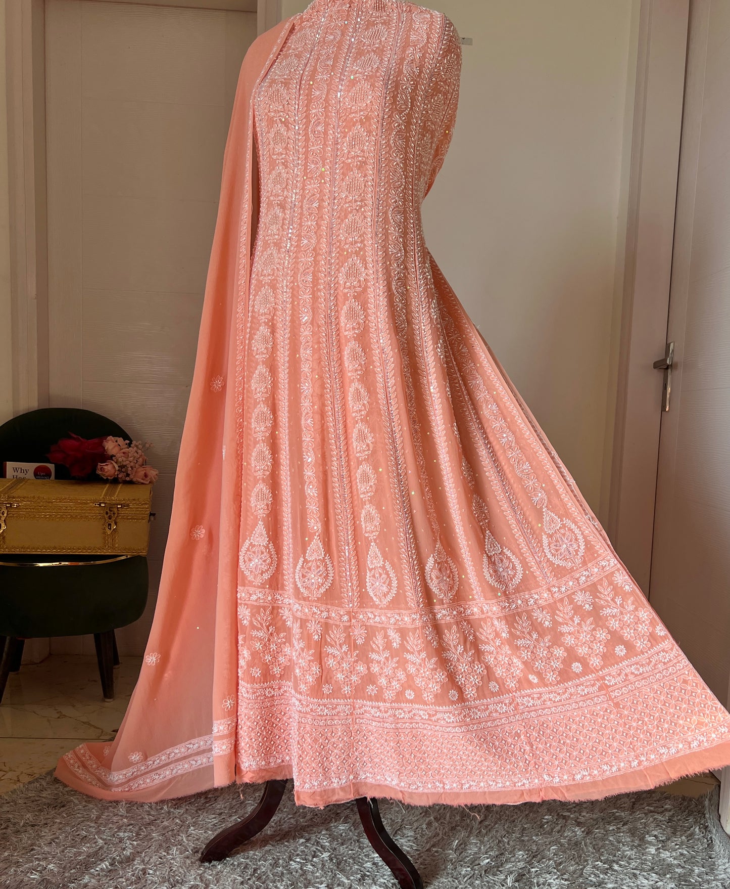 Peach fine Chikankari pearl and sequins Anarkali with Dupatta