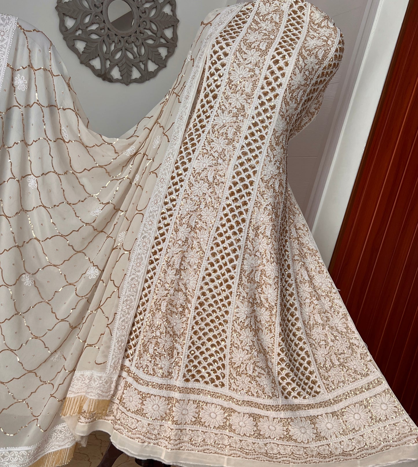 Ruhani Off white Chikankari sequins cut Dana Anarkali