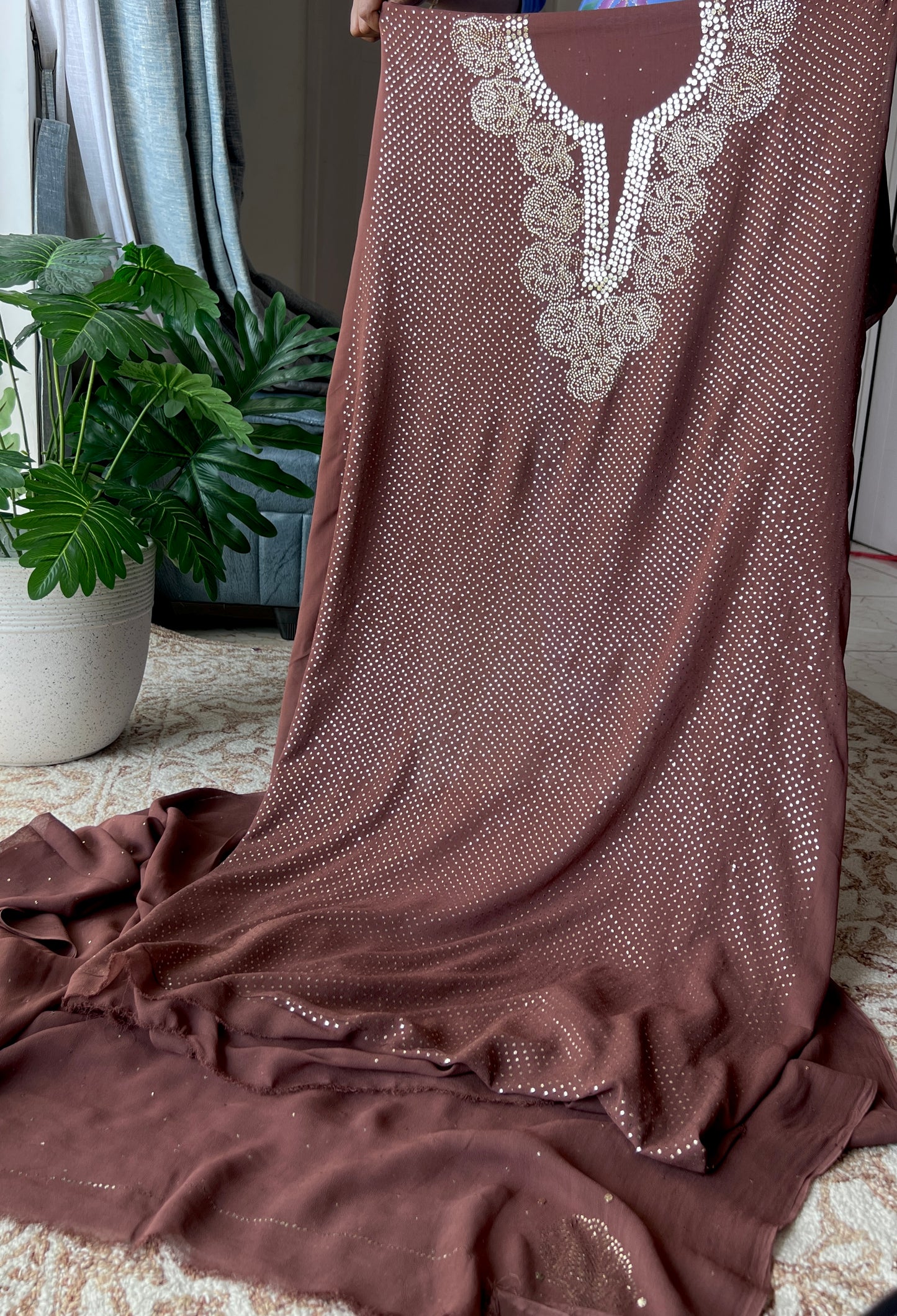 Brown bareek mukaish work Kurta and Dupatta